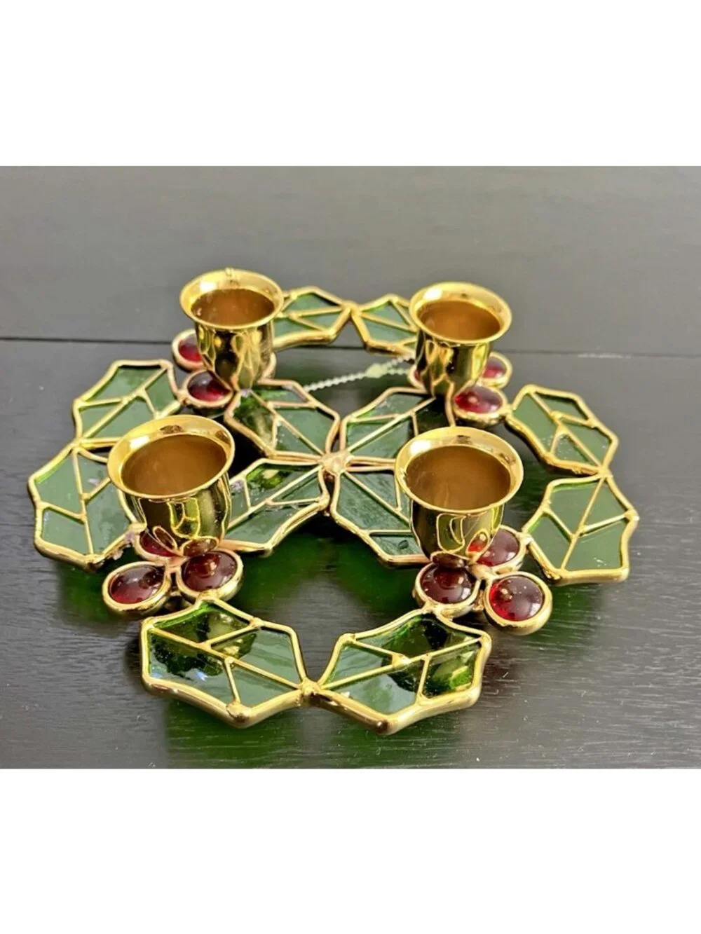 Leaded Stained Glass Holly & Berries Candle Holder Wreath Tabletop Christmas